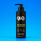 A black pump bottle of GLO FUEL Body Moisturizer with a black dispenser, featuring white and lime green text, set against a solid blue background.