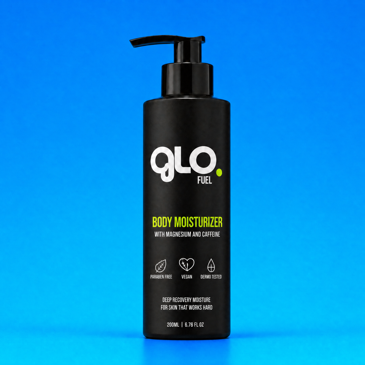 A black pump bottle of GLO FUEL Body Moisturizer with a black dispenser, featuring white and lime green text, set against a solid blue background.