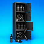 A tall black gym locker with four open doors, filled with multiple black bottles of GloFuel body moisturizer products, plus two bottles standing outside on a bright blue studio background.